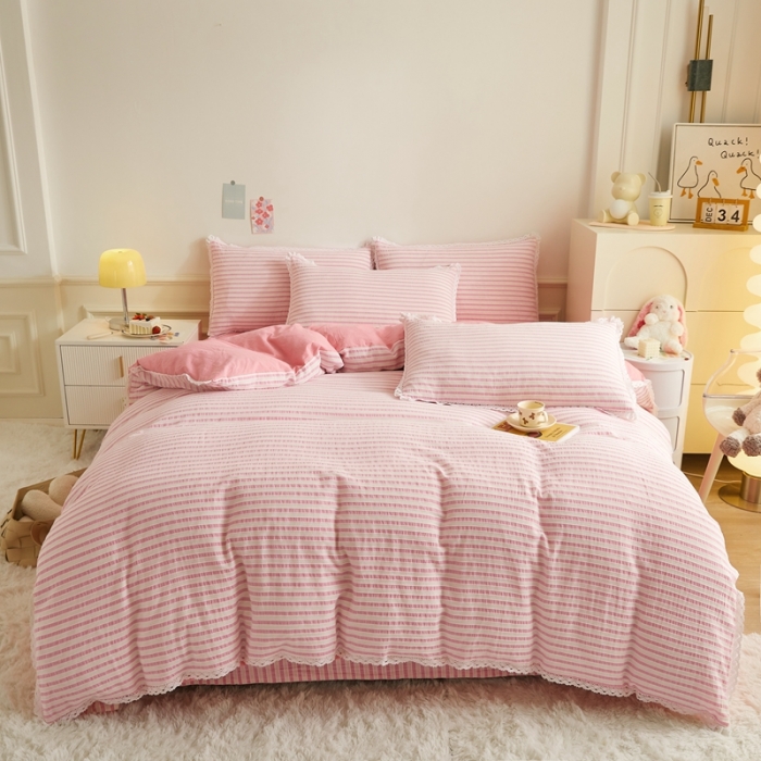 91家纺网 家纺一手货源 找家纺 安莱 2023新款 锦瑟色织提花四件套 锦瑟 桃红