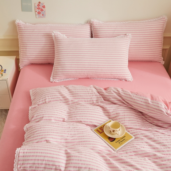 91家纺网 家纺一手货源 找家纺 安莱 2023新款 锦瑟色织提花四件套 锦瑟 桃红