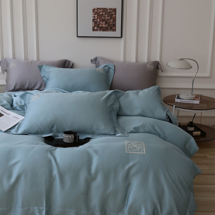 91家纺网 家纺一手货源 找家纺 榻尚家居 2023新款80纯色天丝简约绣花四件套-清欢 湖绿