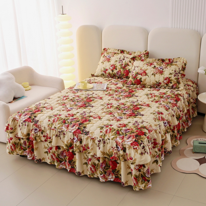 91家纺网 家纺一手货源 找家纺 情煊 2023新款全棉夹棉纯色印花床裙款(可定制尺寸) 情深似海