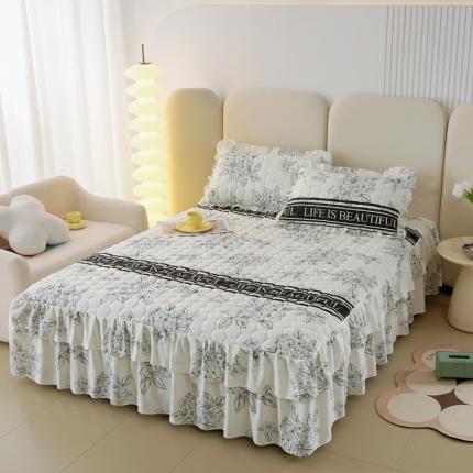 91家纺网 家纺一手货源 找家纺 情煊 2023新款全棉夹棉纯色印花床裙款(可定制尺寸) 木槿