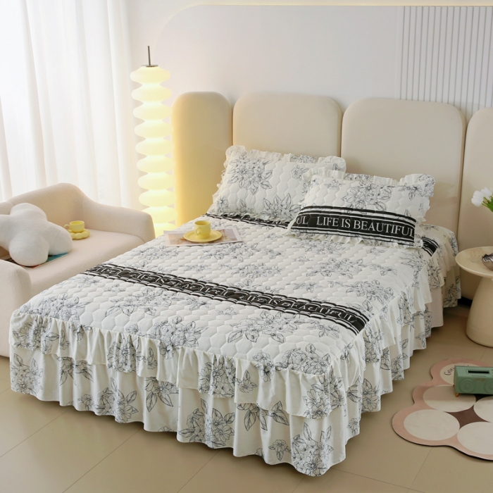 91家纺网 家纺一手货源 找家纺 情煊 2023新款全棉夹棉纯色印花床裙款(可定制尺寸) 木槿