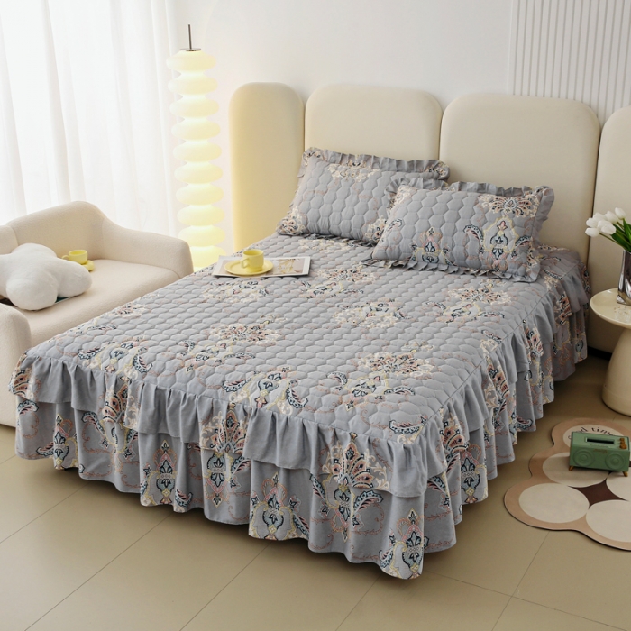 91家纺网 家纺一手货源 找家纺 情煊 2023新款全棉夹棉纯色印花床裙款(可定制尺寸) 罗兰灰