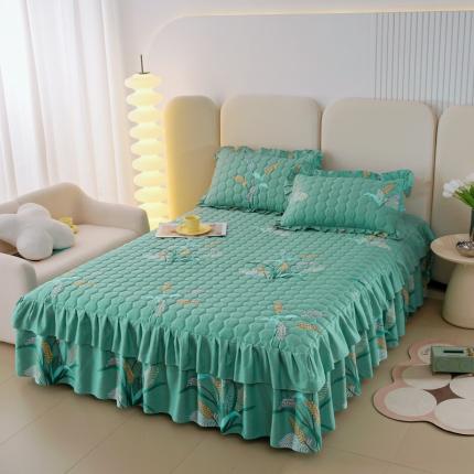 91家纺网 家纺一手货源 找家纺 情煊 2023新款全棉夹棉纯色印花床裙款(可定制尺寸) 麦之穗