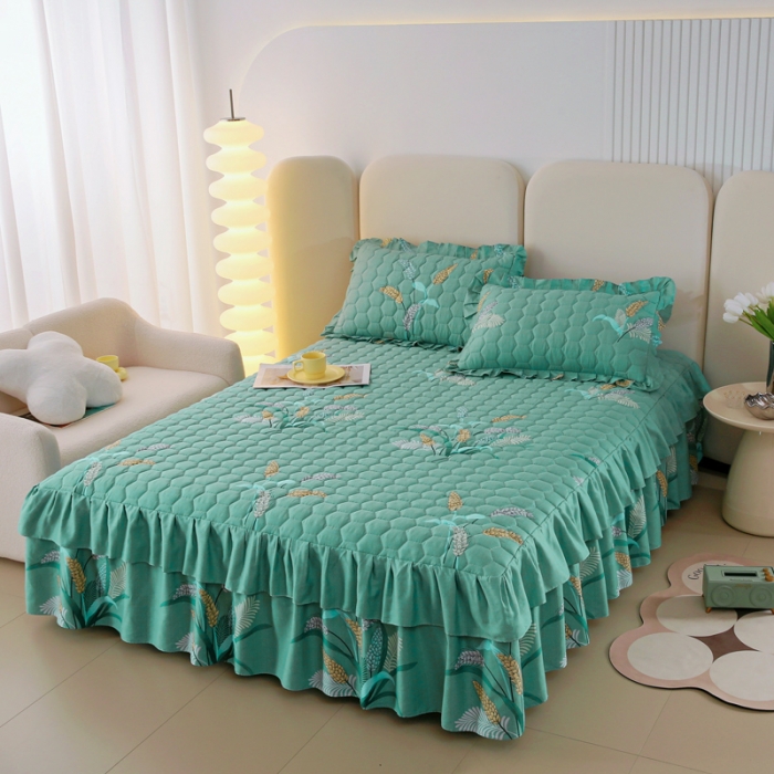 91家纺网 家纺一手货源 找家纺 情煊 2023新款全棉夹棉纯色印花床裙款(可定制尺寸) 麦之穗