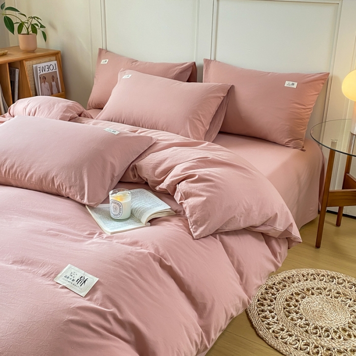 91家纺网 家纺一手货源 找家纺 米可 2025新款全棉色织水洗棉四件套 豆沙粉（纯色）