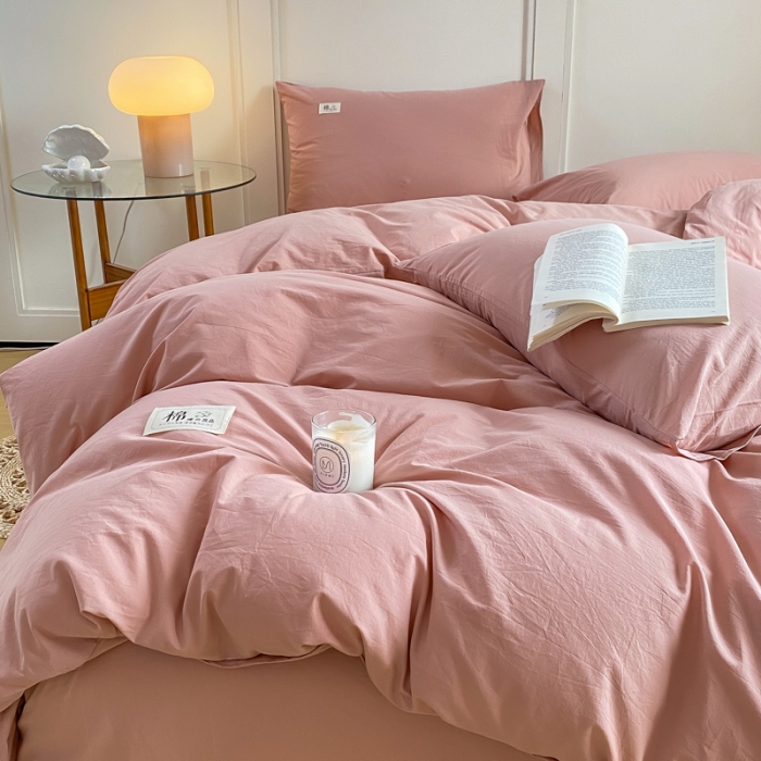 91家纺网 家纺一手货源 找家纺 米可 2025新款全棉色织水洗棉四件套 豆沙粉（纯色）