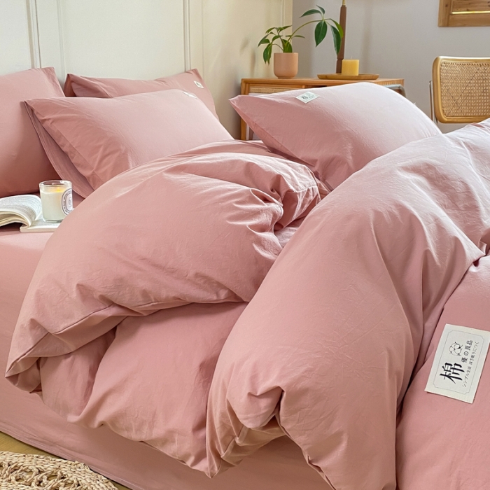 91家纺网 家纺一手货源 找家纺 米可 2025新款全棉色织水洗棉四件套 豆沙粉（纯色）