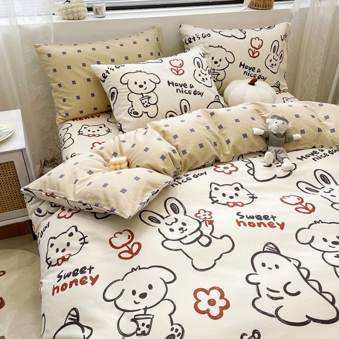 91家纺网 家纺一手货源 找家纺 绵庭 2023新款12868全棉ins小清新印花四件套 萌宠