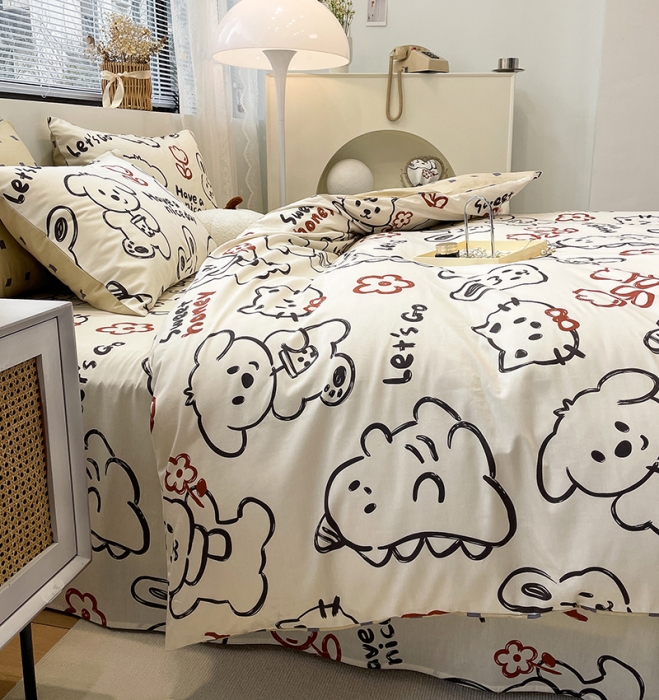 91家纺网 家纺一手货源 找家纺 绵庭 2023新款12868全棉ins小清新印花四件套 萌宠