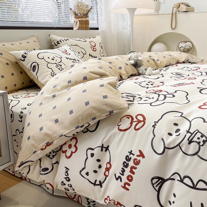 91家纺网 家纺一手货源 找家纺 绵庭 2023新款12868全棉ins小清新印花四件套 萌宠