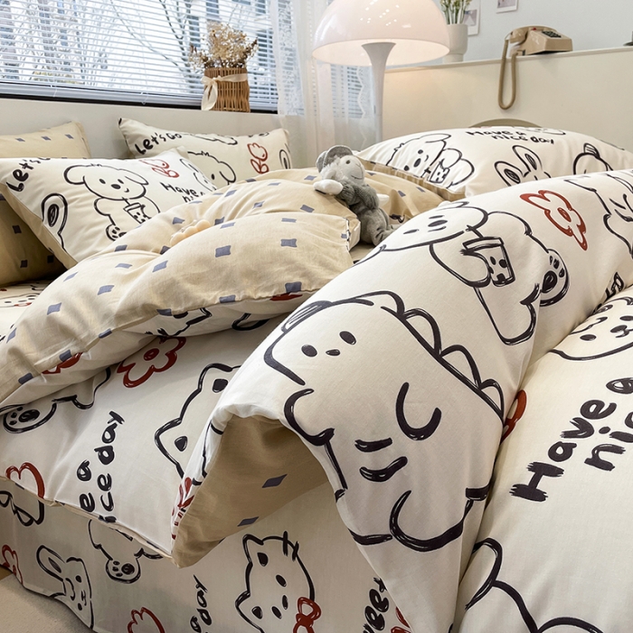 91家纺网 家纺一手货源 找家纺 绵庭 2023新款12868全棉ins小清新印花四件套 萌宠