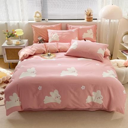 91家纺网 家纺一手货源 找家纺 绵庭 2023新款12868全棉ins小清新印花四件套 萌萌兔-粉