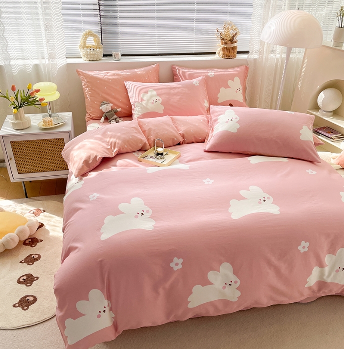 91家纺网 家纺一手货源 找家纺 绵庭 2023新款12868全棉ins小清新印花四件套 萌萌兔-粉