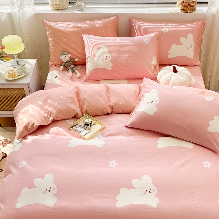 91家纺网 家纺一手货源 找家纺 绵庭 2023新款12868全棉ins小清新印花四件套 萌萌兔-粉