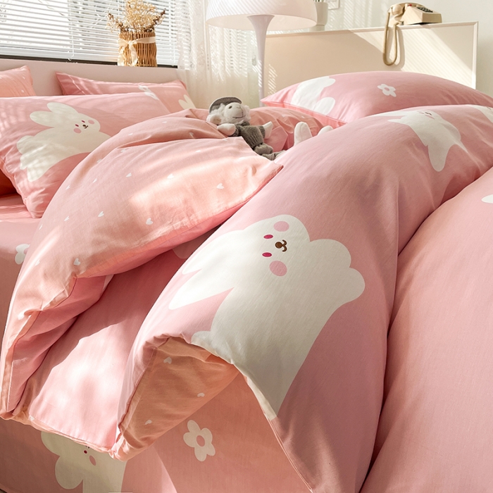 91家纺网 家纺一手货源 找家纺 绵庭 2023新款12868全棉ins小清新印花四件套 萌萌兔-粉