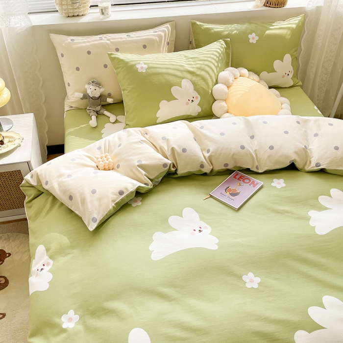 91家纺网 家纺一手货源 找家纺 绵庭 2023新款12868全棉ins小清新印花四件套 萌萌兔-绿