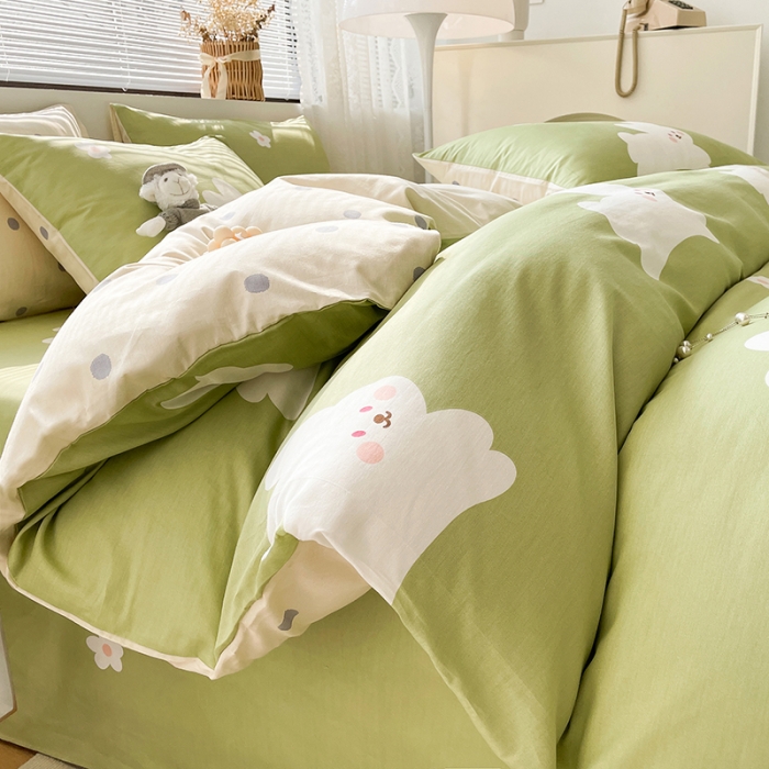 91家纺网 家纺一手货源 找家纺 绵庭 2023新款12868全棉ins小清新印花四件套 萌萌兔-绿