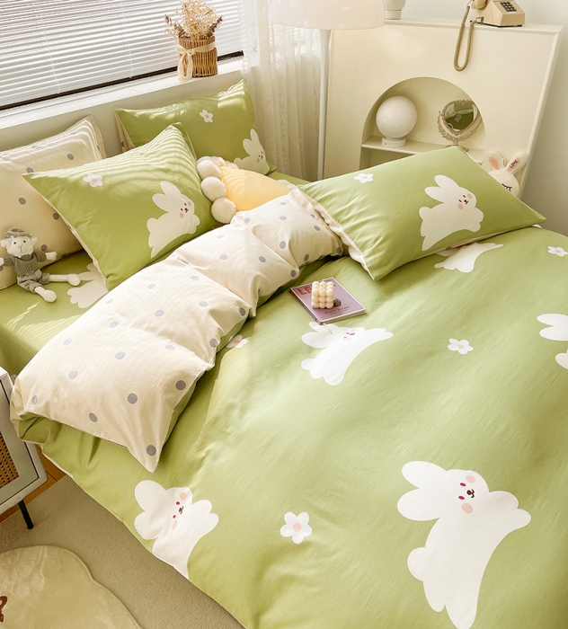 91家纺网 家纺一手货源 找家纺 绵庭 2023新款12868全棉ins小清新印花四件套 萌萌兔-绿