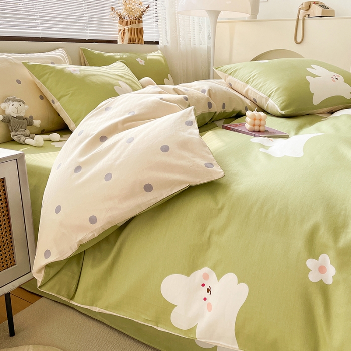 91家纺网 家纺一手货源 找家纺 绵庭 2023新款12868全棉ins小清新印花四件套 萌萌兔-绿