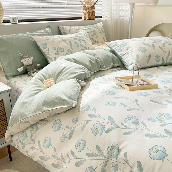 91家纺网 家纺一手货源 找家纺 绵庭 2023新款12868全棉ins小清新印花四件套 水榭听香