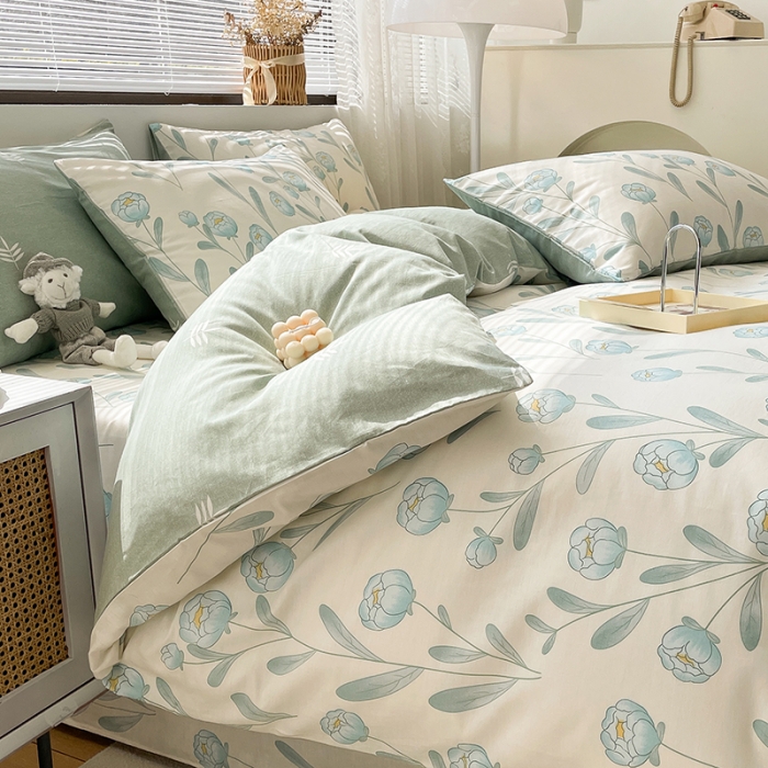 91家纺网 家纺一手货源 找家纺 绵庭 2023新款12868全棉ins小清新印花四件套 水榭听香