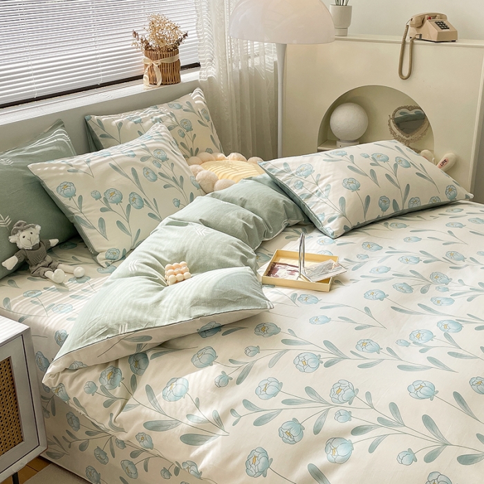 91家纺网 家纺一手货源 找家纺 绵庭 2023新款12868全棉ins小清新印花四件套 水榭听香