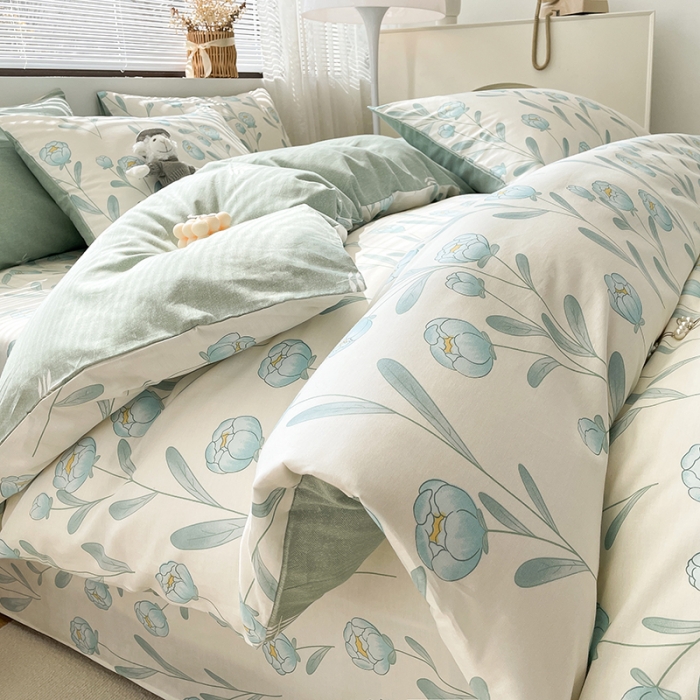 91家纺网 家纺一手货源 找家纺 绵庭 2023新款12868全棉ins小清新印花四件套 水榭听香