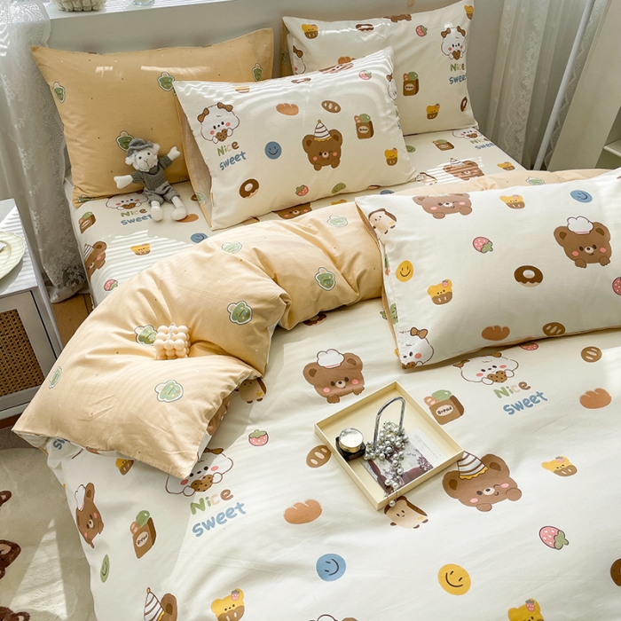 91家纺网 家纺一手货源 找家纺 绵庭 2023新款12868全棉ins小清新印花四件套 熊宝宝