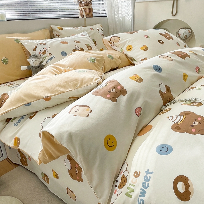 91家纺网 家纺一手货源 找家纺 绵庭 2023新款12868全棉ins小清新印花四件套 熊宝宝