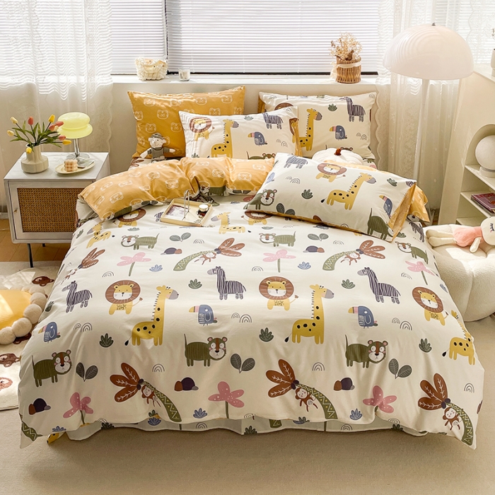 91家纺网 家纺一手货源 找家纺 绵庭 2023新款12868全棉ins小清新印花四件套 野生动物园