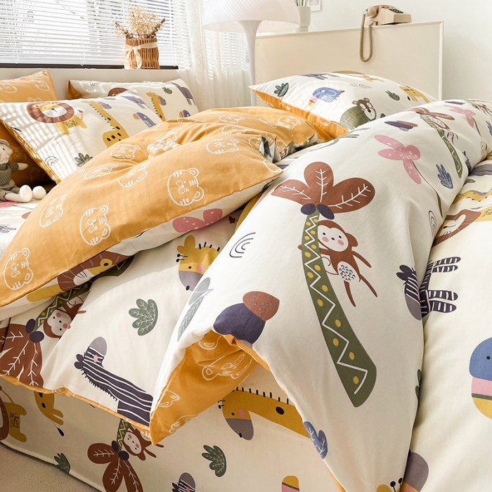 91家纺网 家纺一手货源 找家纺 绵庭 2023新款12868全棉ins小清新印花四件套 野生动物园