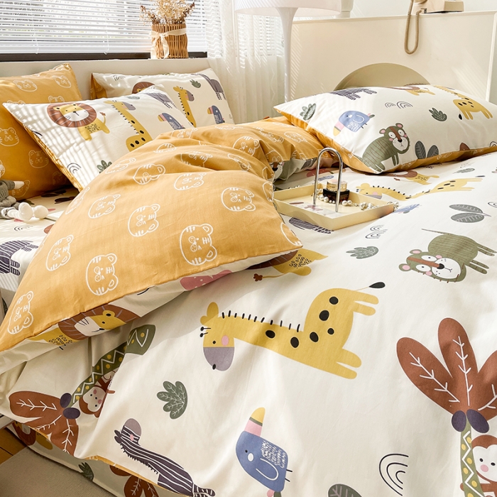 91家纺网 家纺一手货源 找家纺 绵庭 2023新款12868全棉ins小清新印花四件套 野生动物园