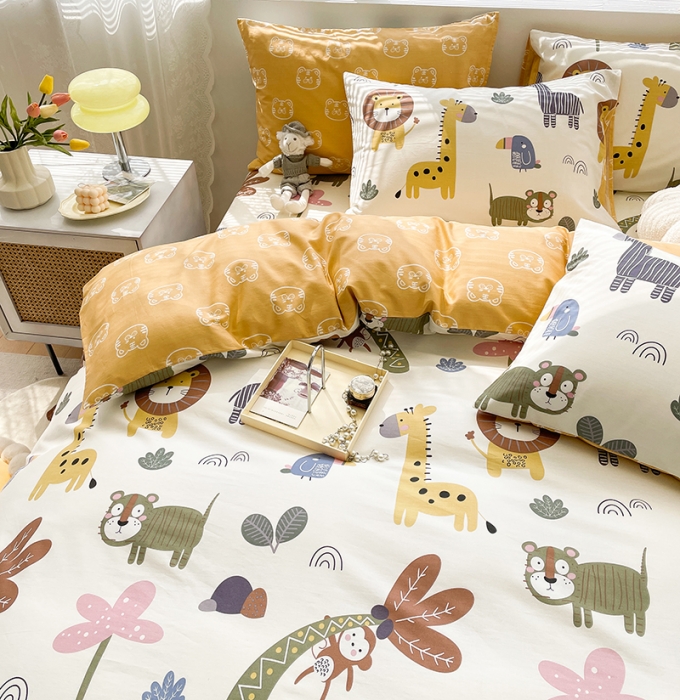 91家纺网 家纺一手货源 找家纺 绵庭 2023新款12868全棉ins小清新印花四件套 野生动物园