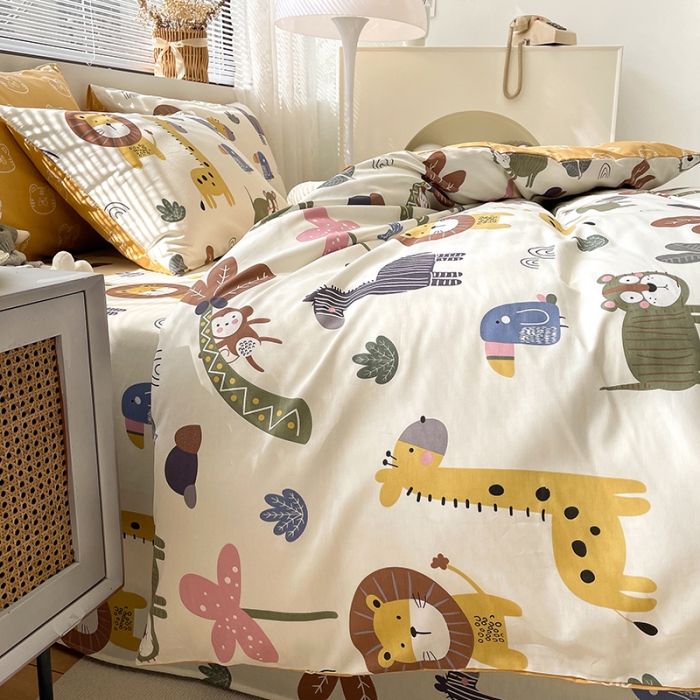 91家纺网 家纺一手货源 找家纺 绵庭 2023新款12868全棉ins小清新印花四件套 野生动物园