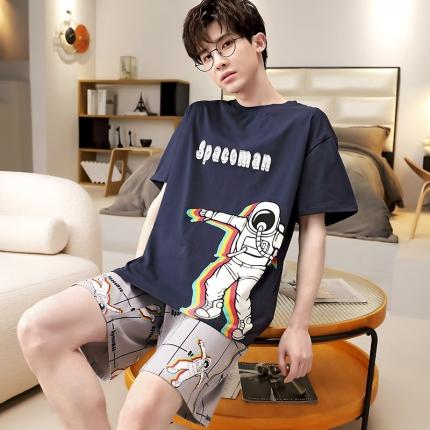 91家纺网 家纺一手货源 找家纺 总洛兰沙 跨境男士睡衣2023年夏季新款纯棉短袖青年卡通休闲家居服套装