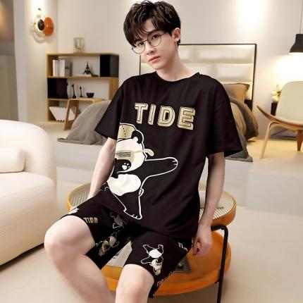 91家纺网 家纺一手货源 找家纺 总洛兰沙 跨境男士睡衣2023年夏季新款纯棉短袖青年卡通休闲家居服套装