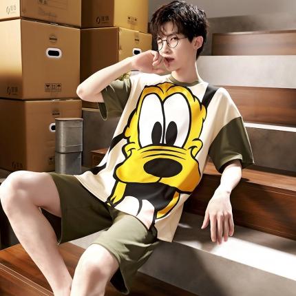 91家纺网 家纺一手货源 找家纺 总洛兰沙 跨境男士睡衣2023年夏季新款纯棉短袖青年卡通休闲家居服套装