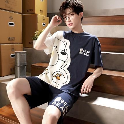 91家纺网 家纺一手货源 找家纺 总洛兰沙 跨境男士睡衣2023年夏季新款纯棉短袖青年卡通休闲家居服套装