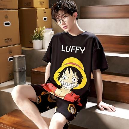 91家纺网 家纺一手货源 找家纺 总洛兰沙 跨境男士睡衣2023年夏季新款纯棉短袖青年卡通休闲家居服套装