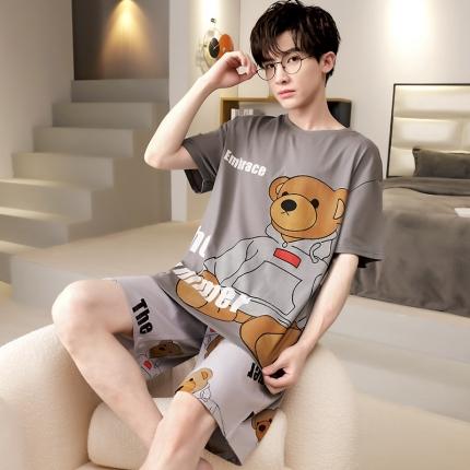 91家纺网 家纺一手货源 找家纺 总洛兰沙 跨境男士睡衣2023年夏季新款纯棉短袖青年卡通休闲家居服套装