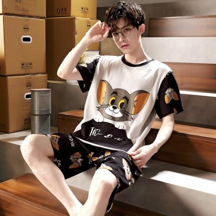 91家纺网 家纺一手货源 找家纺 总洛兰沙 跨境男士睡衣2023年夏季新款纯棉短袖青年卡通休闲家居服套装