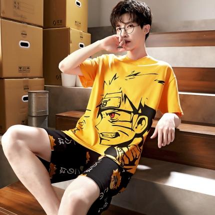 91家纺网 家纺一手货源 找家纺 总洛兰沙 跨境男士睡衣2023年夏季新款纯棉短袖青年卡通休闲家居服套装