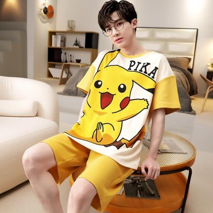 91家纺网 家纺一手货源 找家纺 总洛兰沙 跨境男士睡衣2023年夏季新款纯棉短袖青年卡通休闲家居服套装