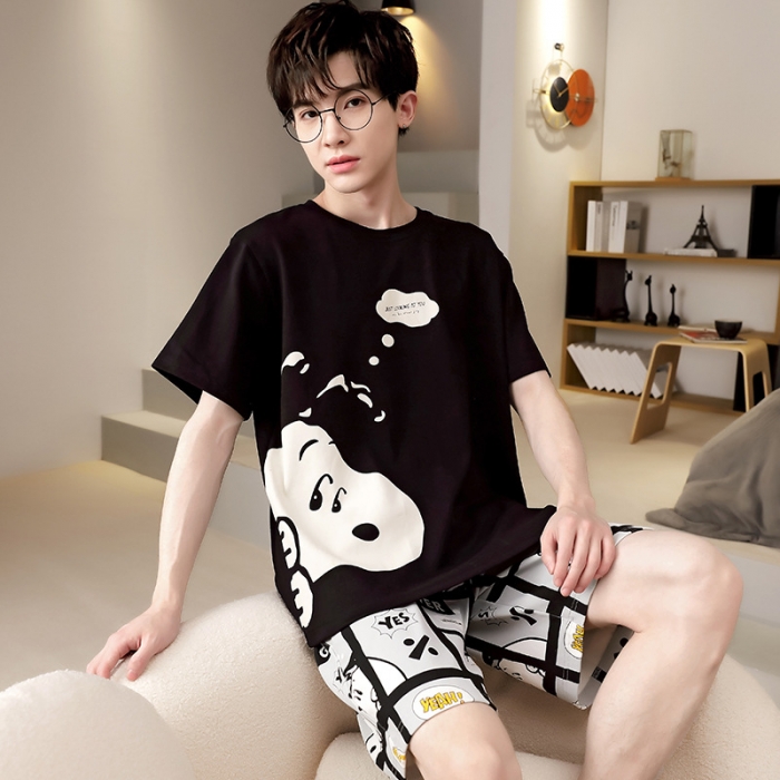 91家纺网 家纺一手货源 找家纺 总洛兰沙 跨境男士睡衣2023年夏季新款纯棉短袖青年卡通休闲家居服套装