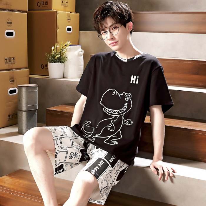 91家纺网 家纺一手货源 找家纺 总洛兰沙 跨境男士睡衣2023年夏季新款纯棉短袖青年卡通休闲家居服套装