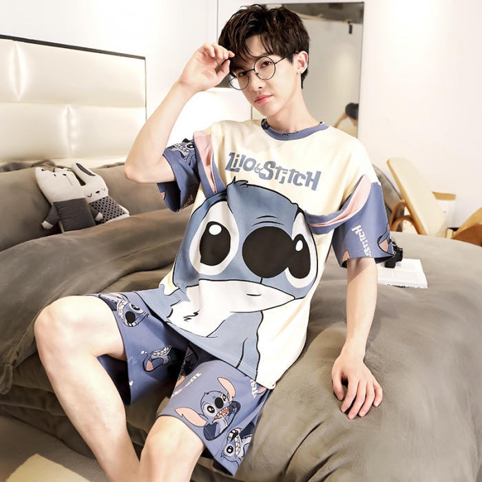 91家纺网 家纺一手货源 找家纺 总洛兰沙 跨境男士睡衣2023年夏季新款纯棉短袖青年卡通休闲家居服套装