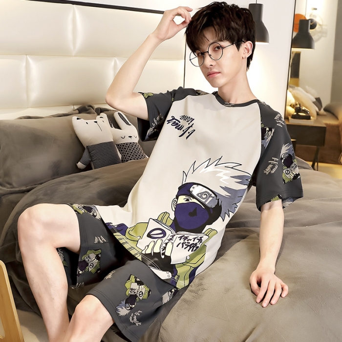 91家纺网 家纺一手货源 找家纺 总洛兰沙 跨境男士睡衣2023年夏季新款纯棉短袖青年卡通休闲家居服套装