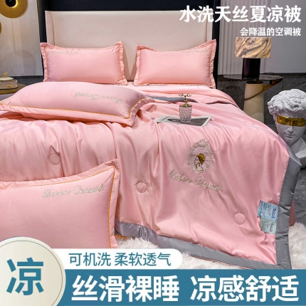 91家纺网 家纺一手货源 找家纺 苏米娜2023A类水洗天丝真丝刺绣凉感夏被四件套双层纱水洗棉麻棉花夏被 居里夫人--奶油粉