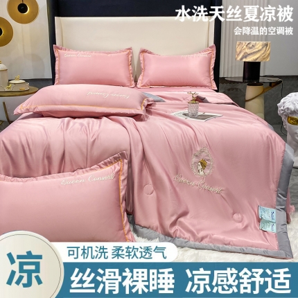 91家纺网 家纺一手货源 找家纺 苏米娜2023A类水洗天丝真丝刺绣凉感夏被四件套双层纱水洗棉麻棉花夏被 居里夫人--奶油粉
